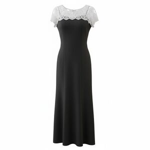 Vintage Leslie Fay Black Maxi Dress with White Lace Yoke Detail